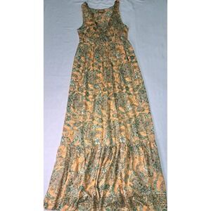 Yuli M Peach Paisley Tiered Floral Maxi Dress Boho Hippie Chic Vacation Summer